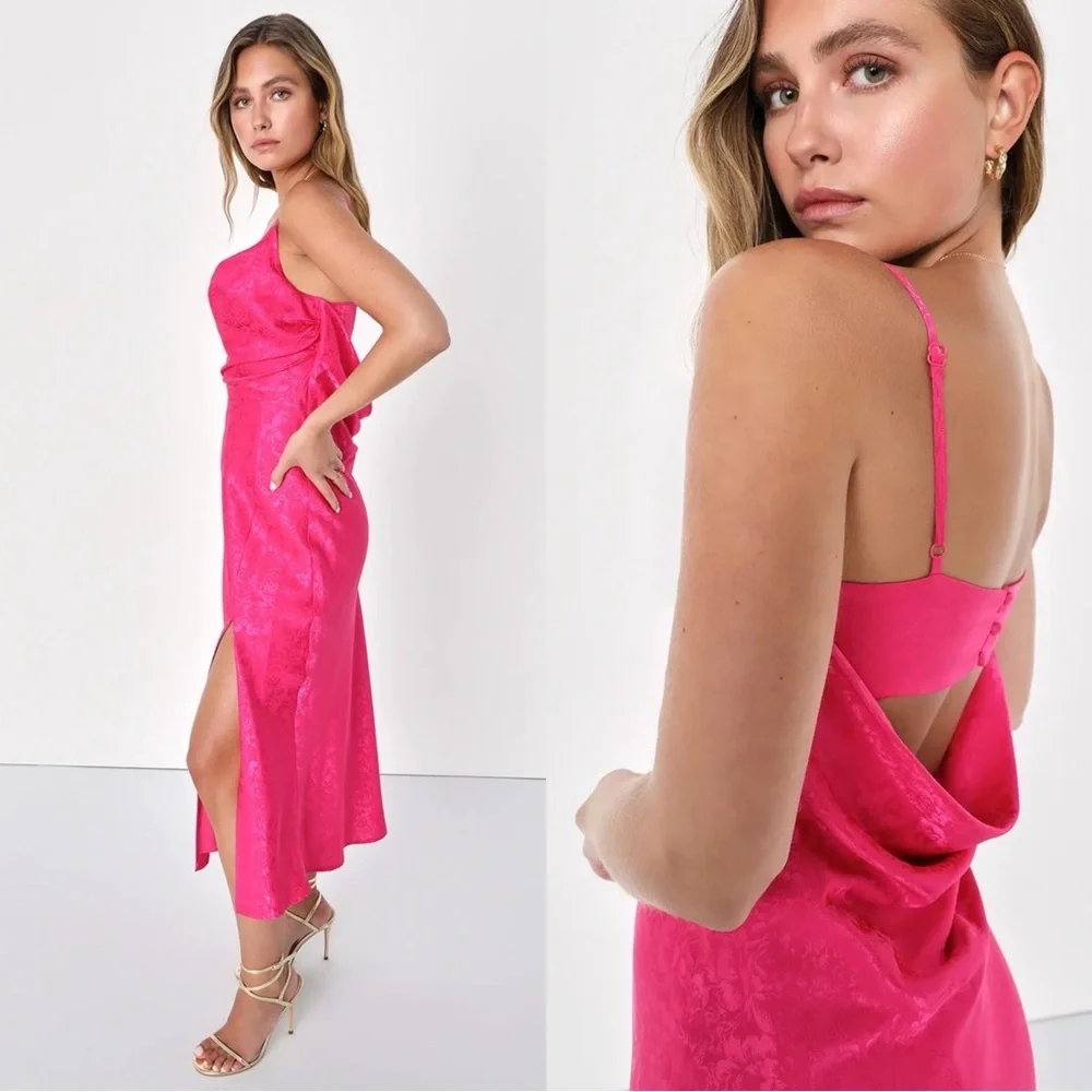 Lulus Stunning Radiance Hot Pink Satin Jacquard Cowl Midi Dress Size Medium NWT - Picture 2 of 8